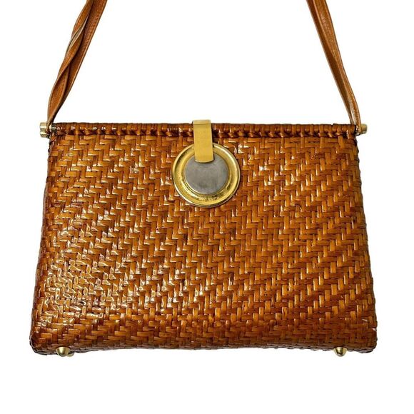 Vintage Brown Wicker Clutch Purse Crossbody Italy Rattan Bamboo Gold Hardware - Picture 2 of 16